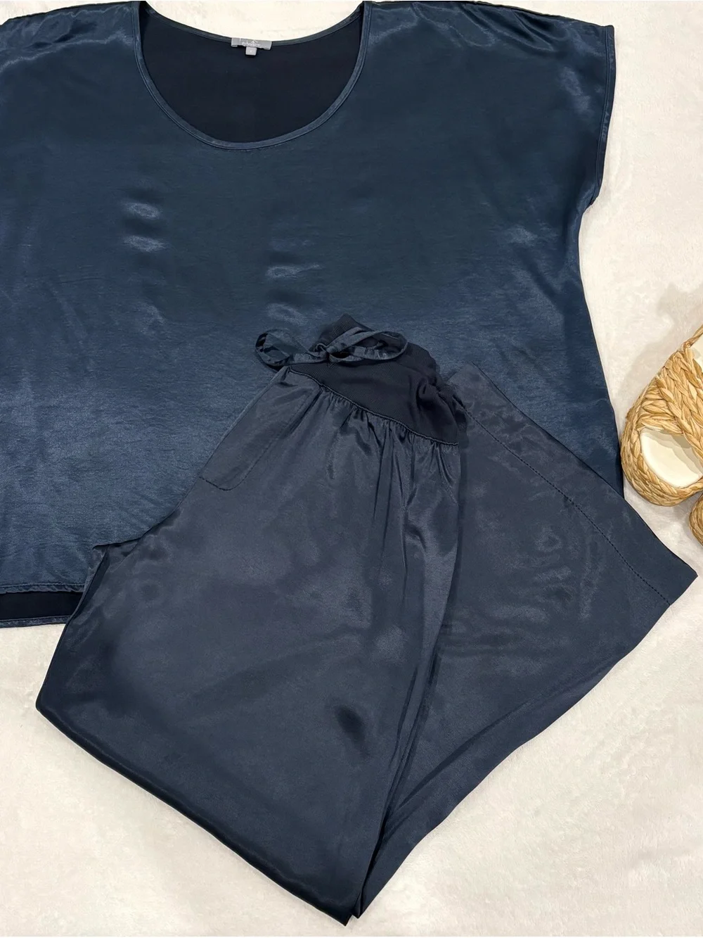 PJ Harlow Satin Lounge Set Navy Blue Size Small / Jolie Pants +Roxxy Satin Tee